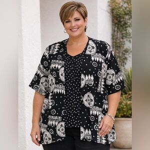 Alfred Dunner Attach Two Piece Tunic Top Blouse Size 18 White Print Button Up